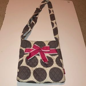 Grey and white polka dot purse with ribbon bow